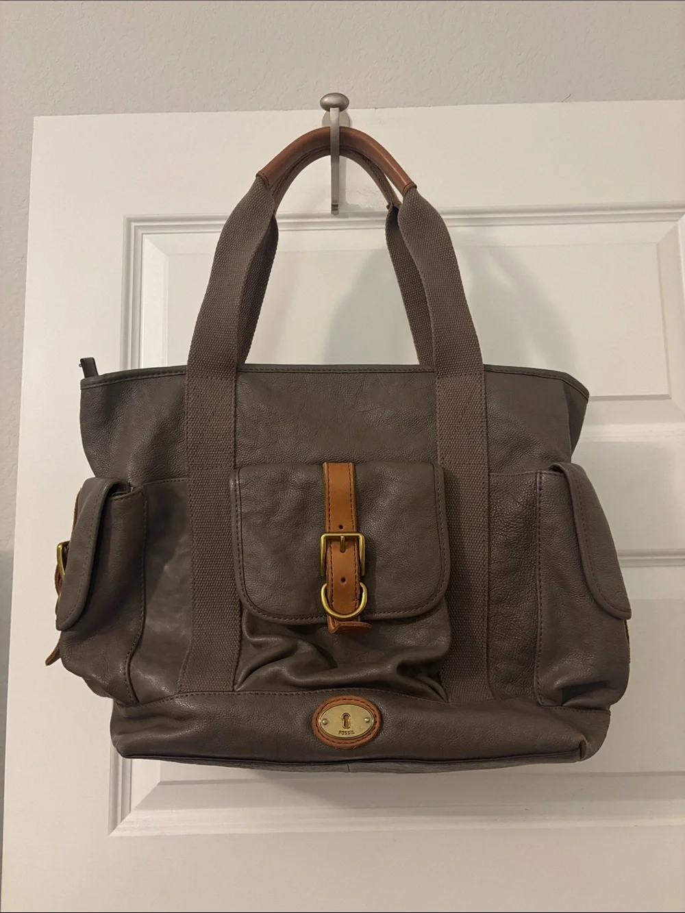 VTG Fossil Taupe Leather & Canvas Tote Shoulder Bag w/Tan Accents Pockets Galore